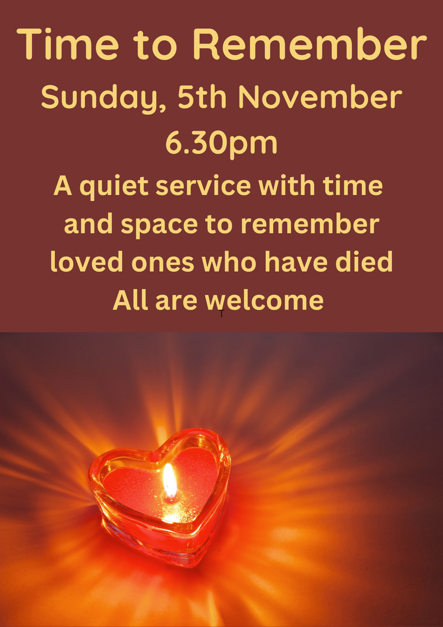 Picture of Candles with the text Time to Remember, Sunday 5th November, 6.30pm.